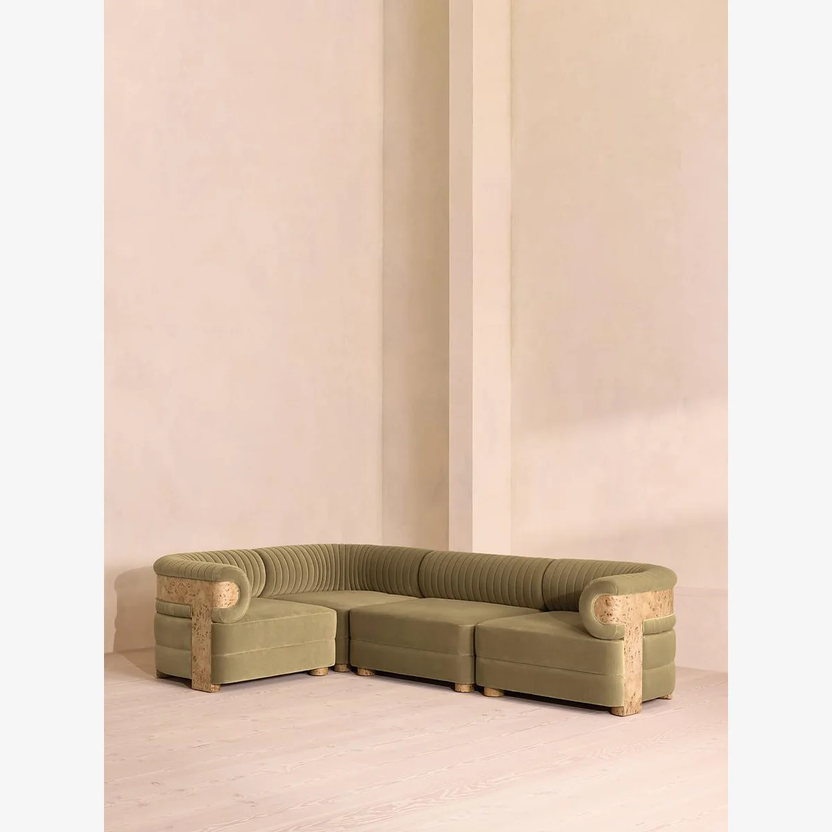 Caleb Modular Sofa, Blonde Burl, L-Shape Sofa, Blonde Burl, Velvet, Lichen, UK – image 1