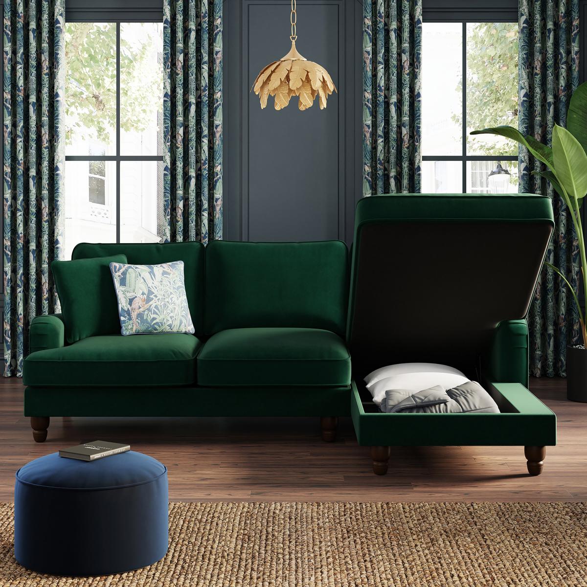 Beatrice Matte Velvet Corner Storage Sofa Bed Matte Velvet Bottle Green – image 3
