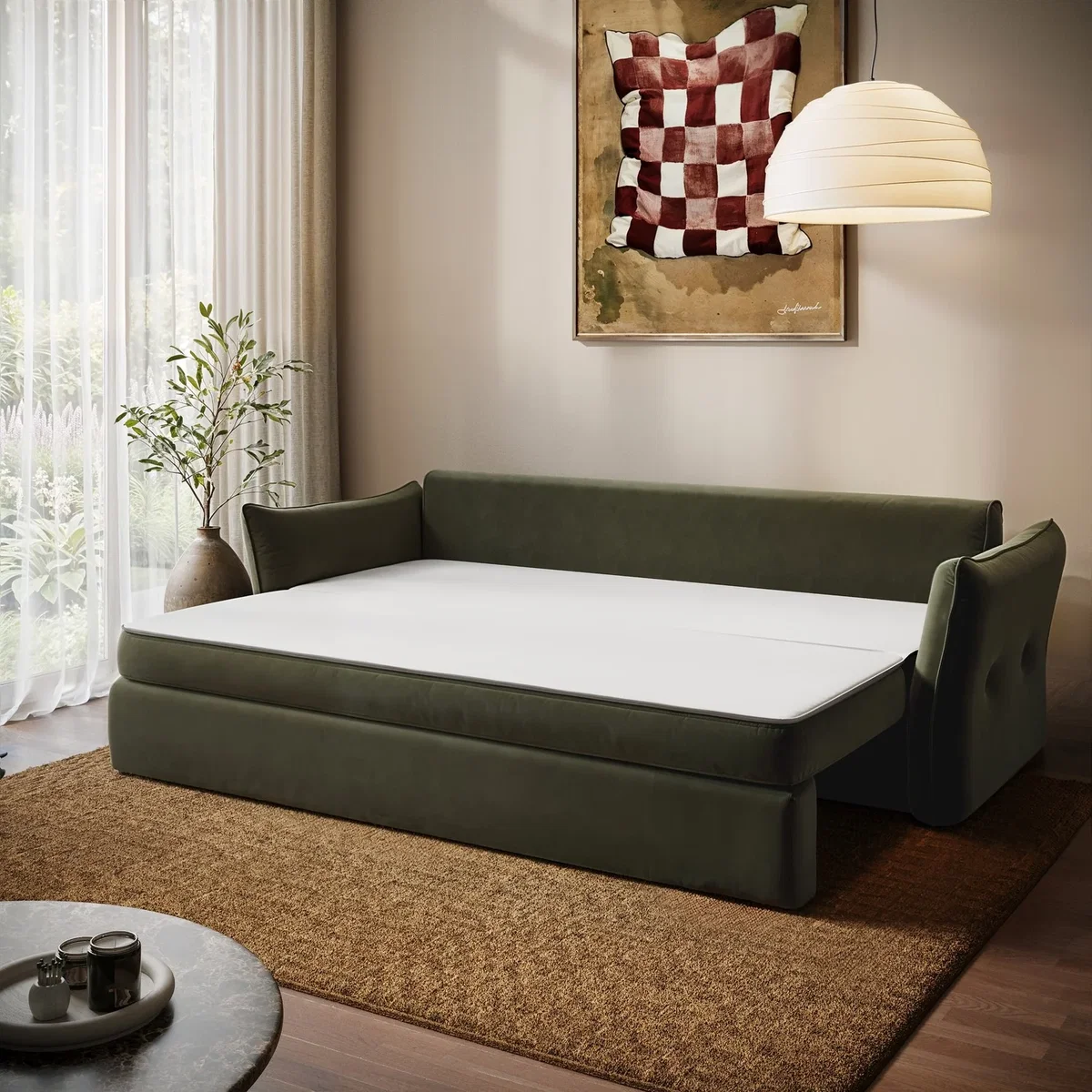 3 Seater Pull-Out Sofa Bed with Storage in Khaki Green Velvet - Gaia – image 3