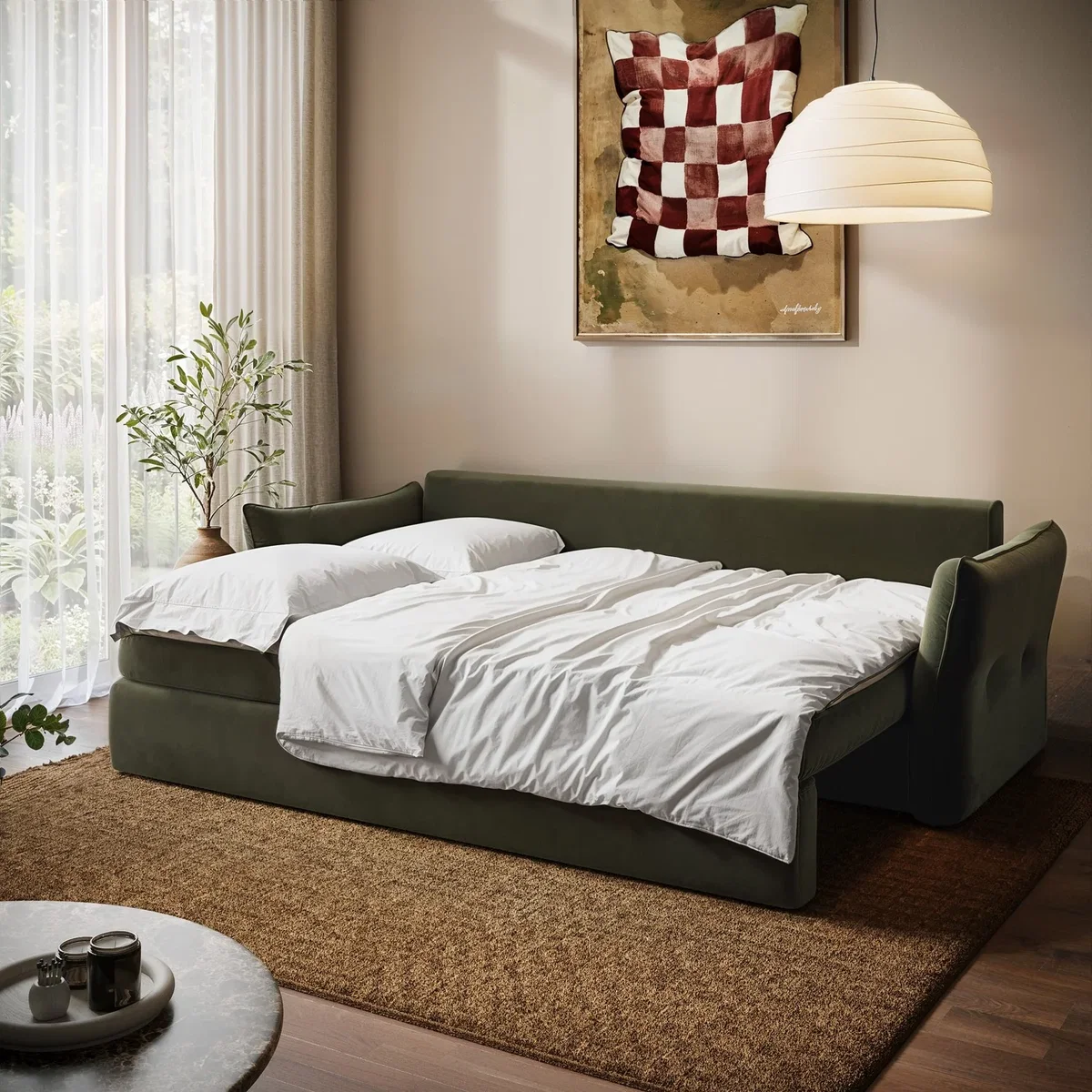 3 Seater Pull-Out Sofa Bed with Storage in Khaki Green Velvet - Gaia – image 4