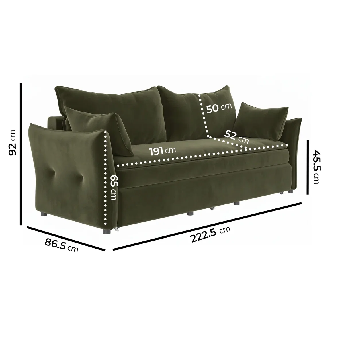 3 Seater Pull-Out Sofa Bed with Storage in Khaki Green Velvet - Gaia – image 5