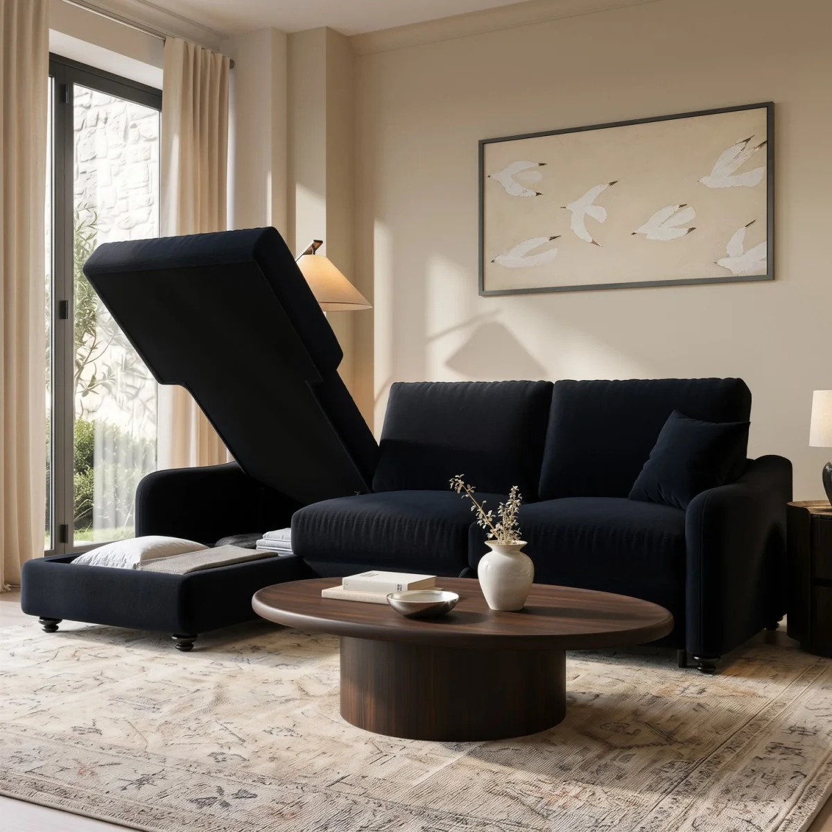 4 Seater Pull-Out Chaise Corner Sofa Bed with Storage in Navy Chenille - Quinn – image 3