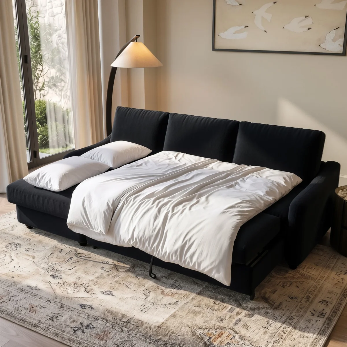 4 Seater Pull-Out Chaise Corner Sofa Bed with Storage in Navy Chenille - Quinn – image 4