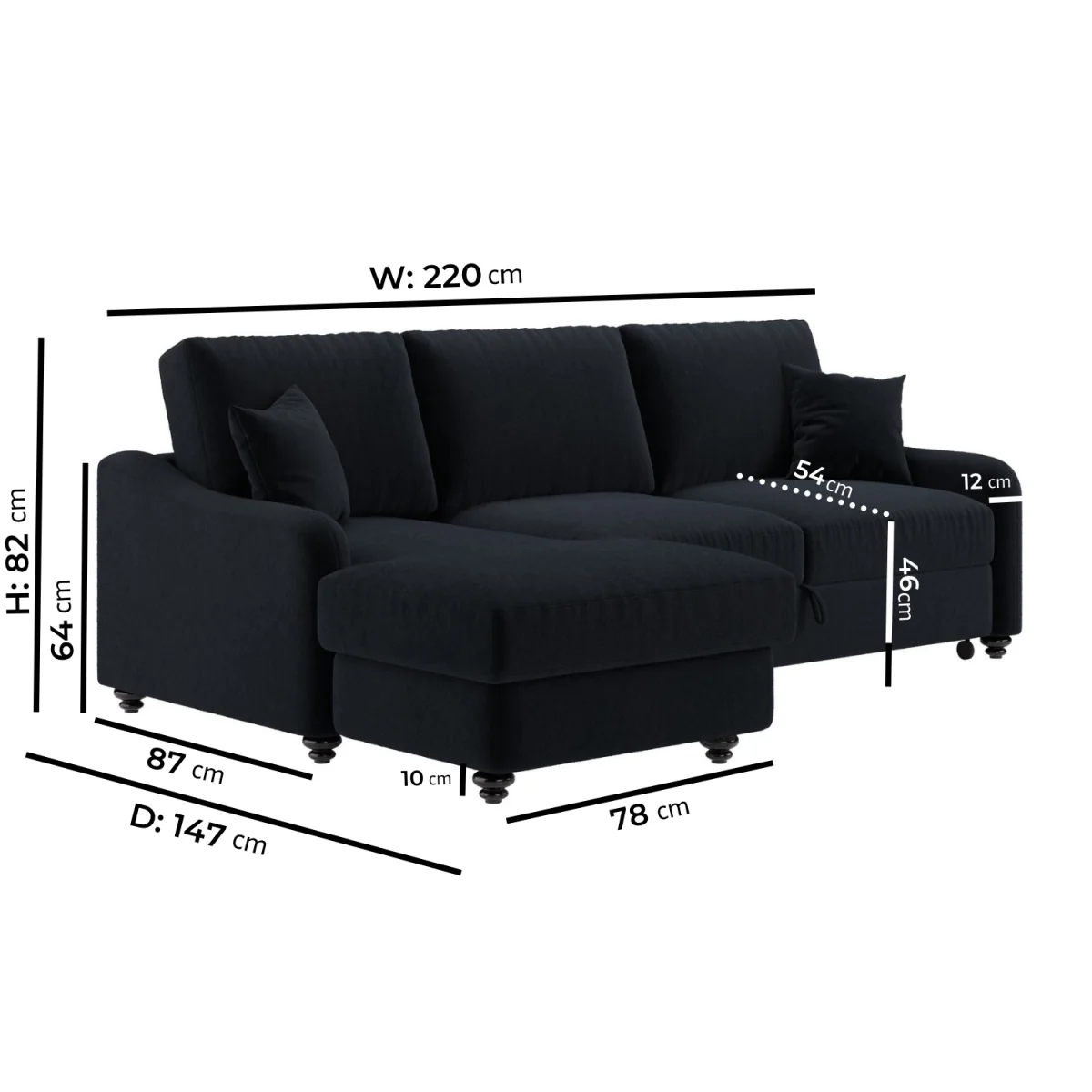 4 Seater Pull-Out Chaise Corner Sofa Bed with Storage in Navy Chenille - Quinn – image 5