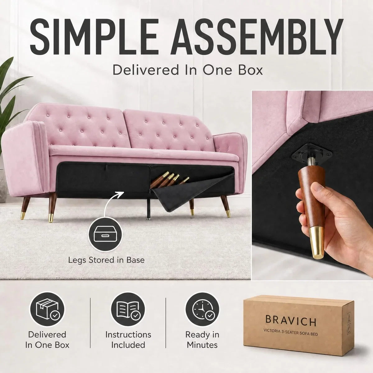 Victoria Velvet Sofa Bed - Pink – image 7
