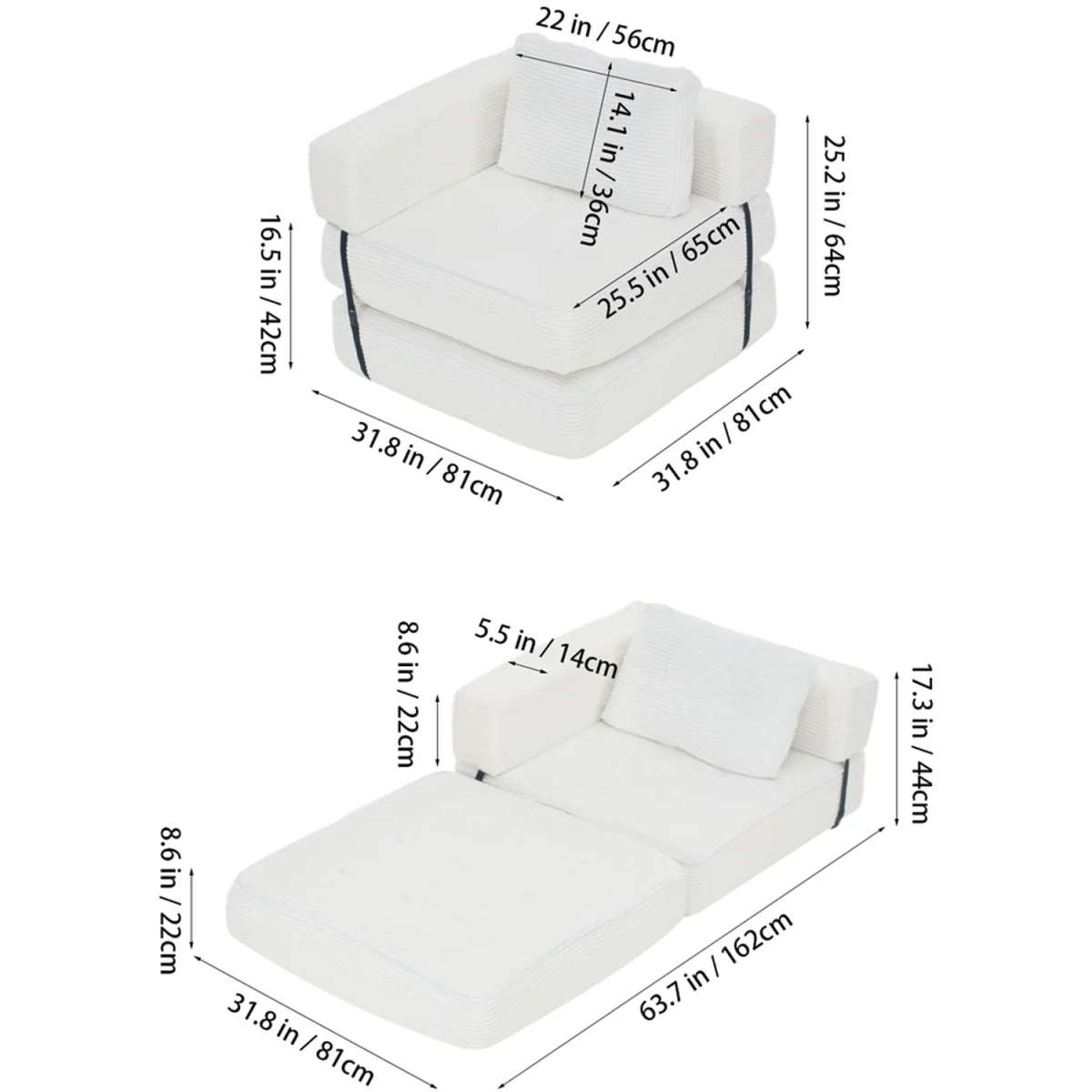 Fold-Out Sofa Bed with Pillow - White - White – image 4