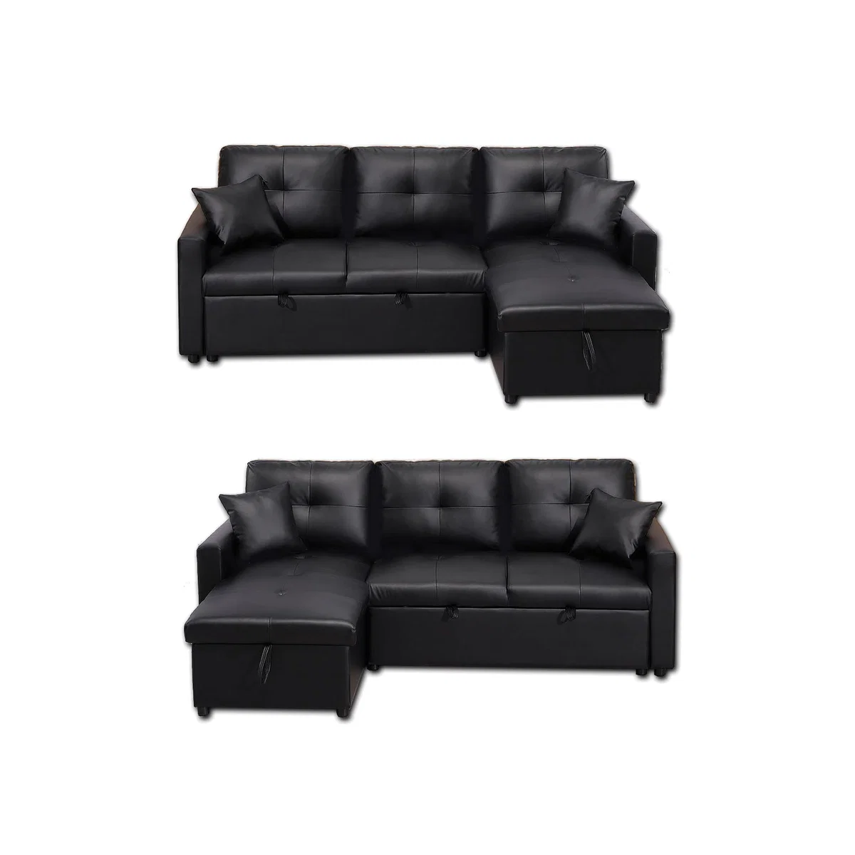 Newport Leather 3 Seater Pullout Sofa Bed with Storage Compartment - Black
