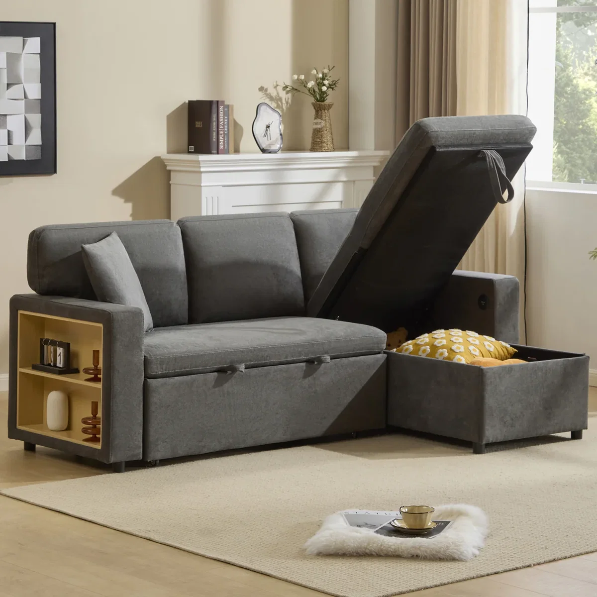 3 Seater L-Shaped Corner Sofa Bed with Pull-Out Section, Dark Grey - Dark Grey – image 2