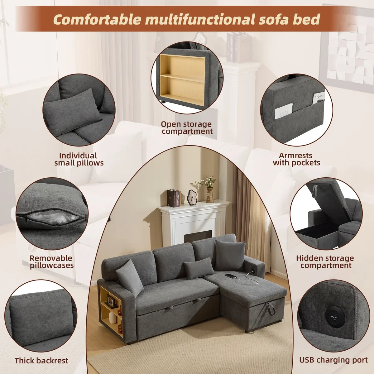 3 Seater L-Shaped Corner Sofa Bed with Pull-Out Section, Dark Grey - Dark Grey – image 3