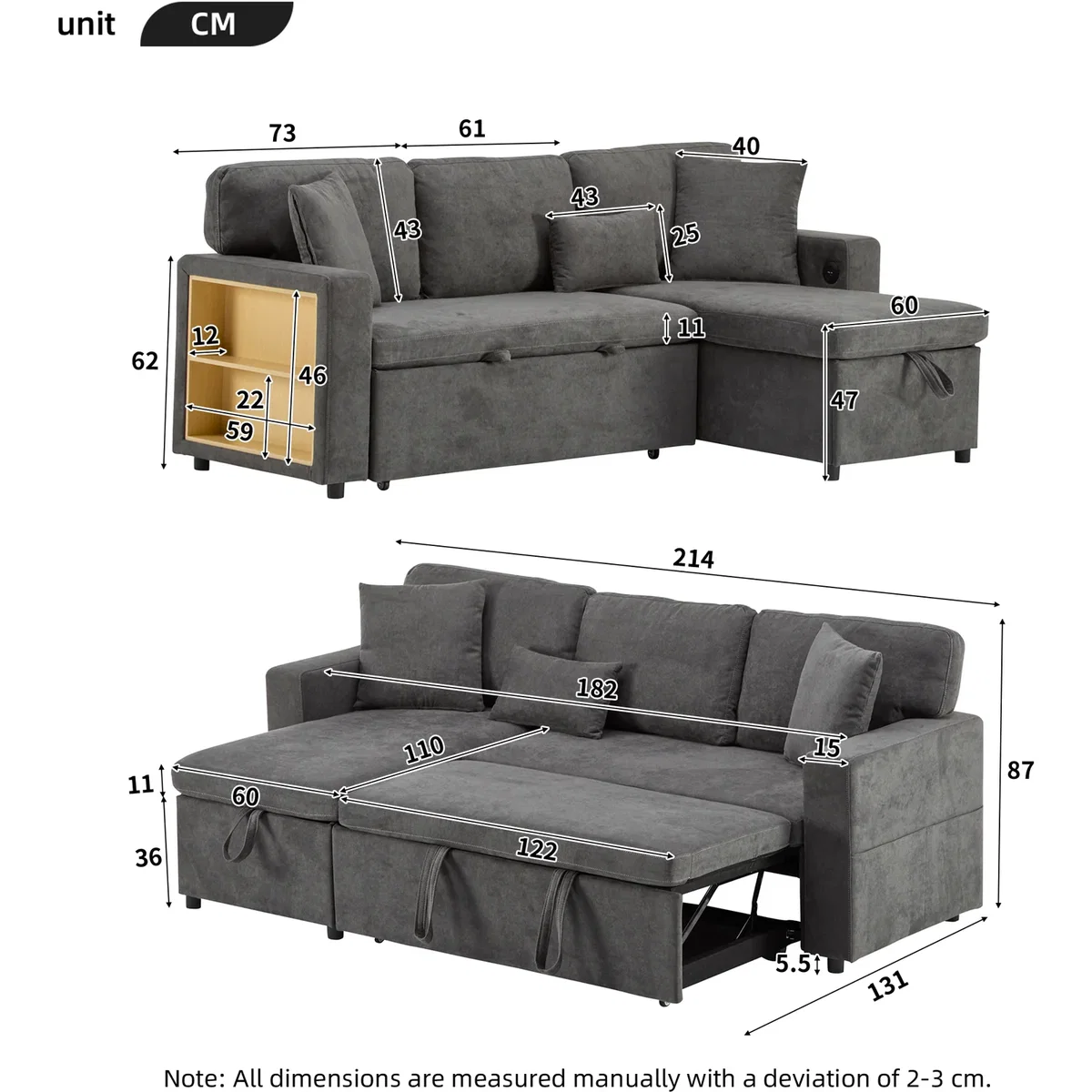 3 Seater L-Shaped Corner Sofa Bed with Pull-Out Section, Dark Grey - Dark Grey – image 4