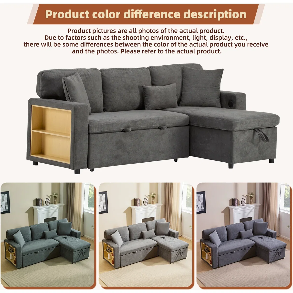 3 Seater L-Shaped Corner Sofa Bed with Pull-Out Section, Dark Grey - Dark Grey – image 5