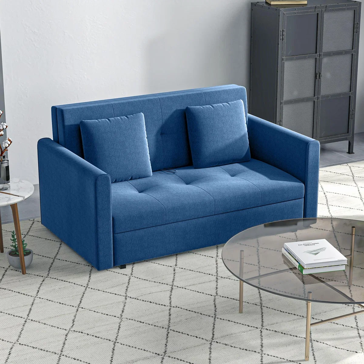 Convertible 2 Seater Sofa Bed with Hidden Storage - Blue / Polycotton Steel MDF Wood Cotton Foam