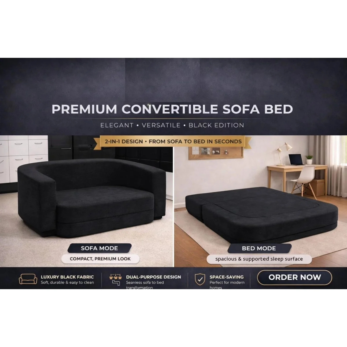 Elstead Black 2 Seater Convertible Sofa Bed - Black – image 4