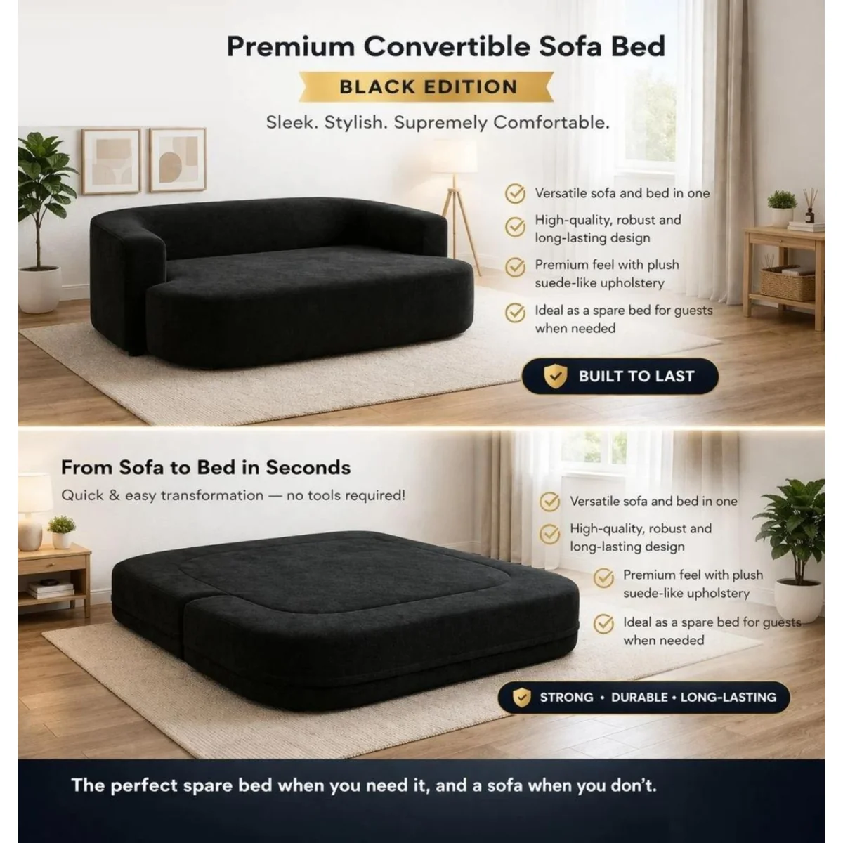 Elstead Black 2 Seater Convertible Sofa Bed - Black – image 7