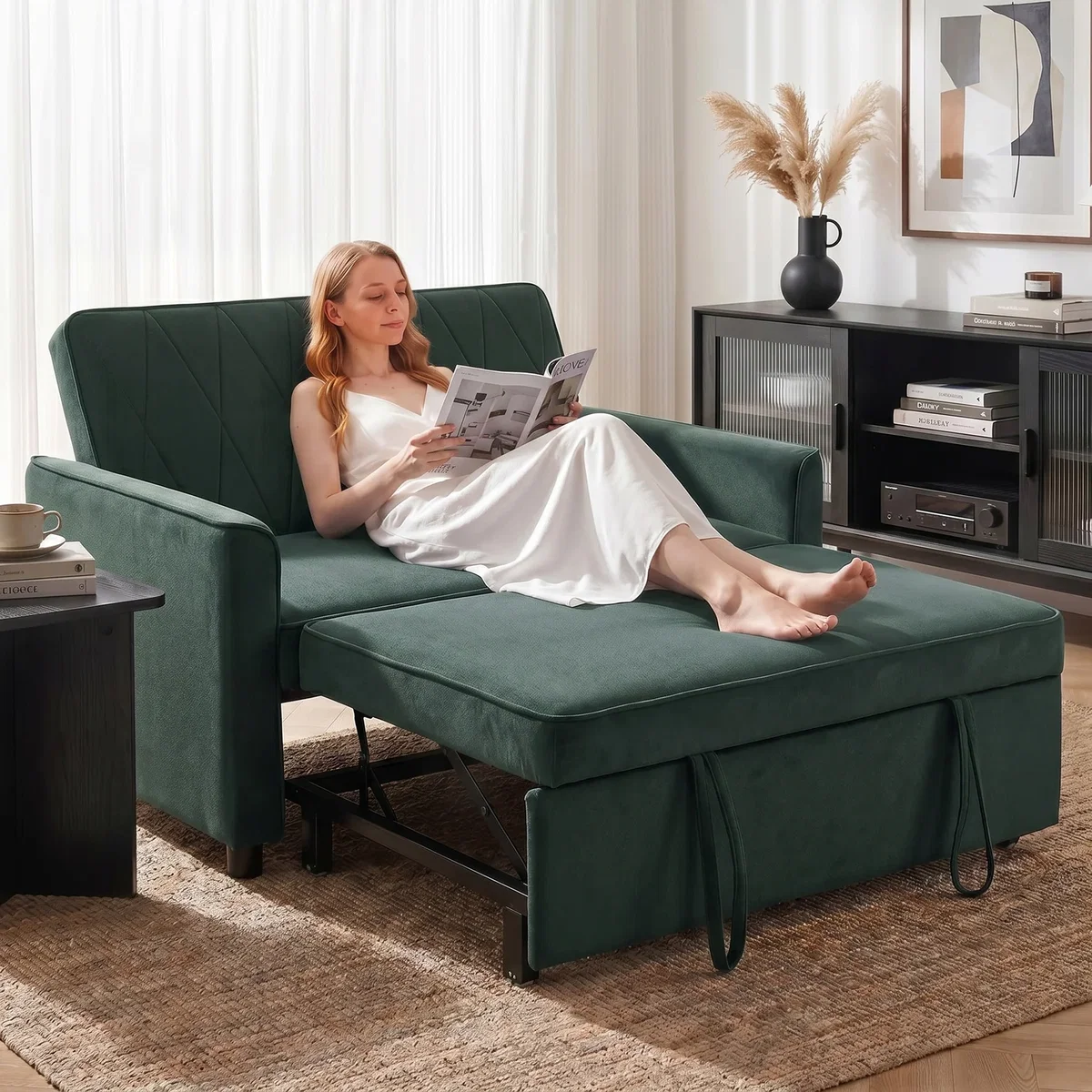 HOMCOM 2 Seater Sofa Bed 3-in-1 Velvet Pull Out Sleeper Sofa - Dark Green – image 1