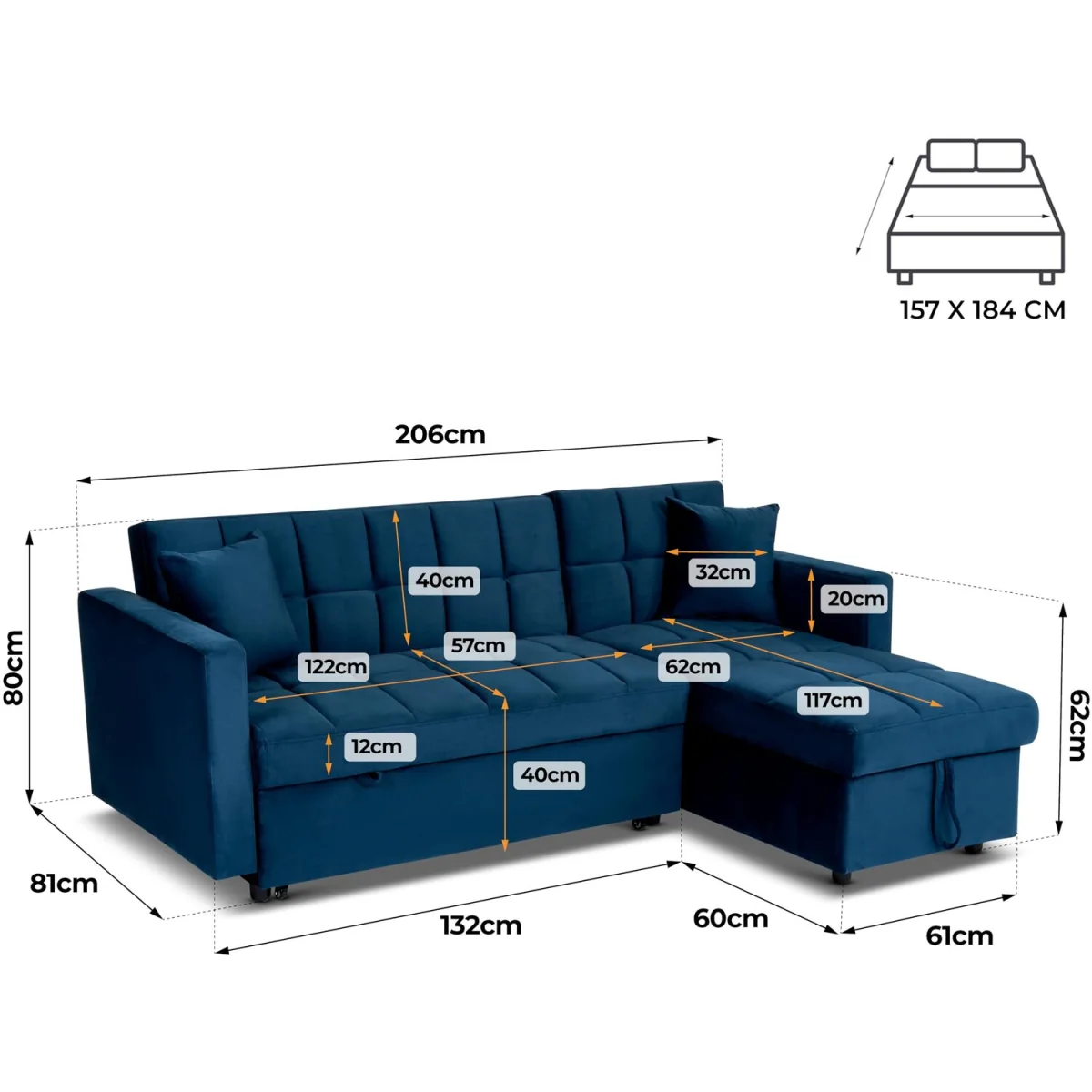 Milo Velvet Corner Sofa Bed with Storage - Blue – image 2
