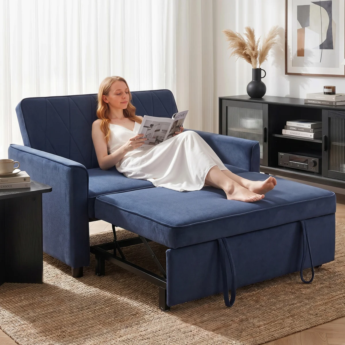 HOMCOM 2 Seater Sofa Bed 3-in-1 Velvet Pull Out Sleeper Sofa - Dark Blue – image 2