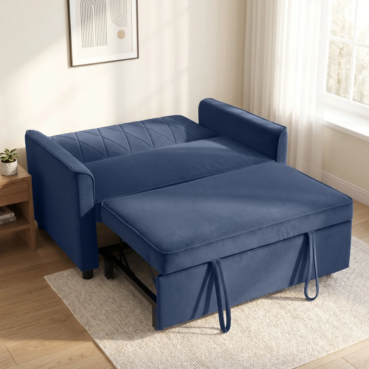 HOMCOM 2 Seater Sofa Bed 3-in-1 Velvet Pull Out Sleeper Sofa - Dark Blue – image 3
