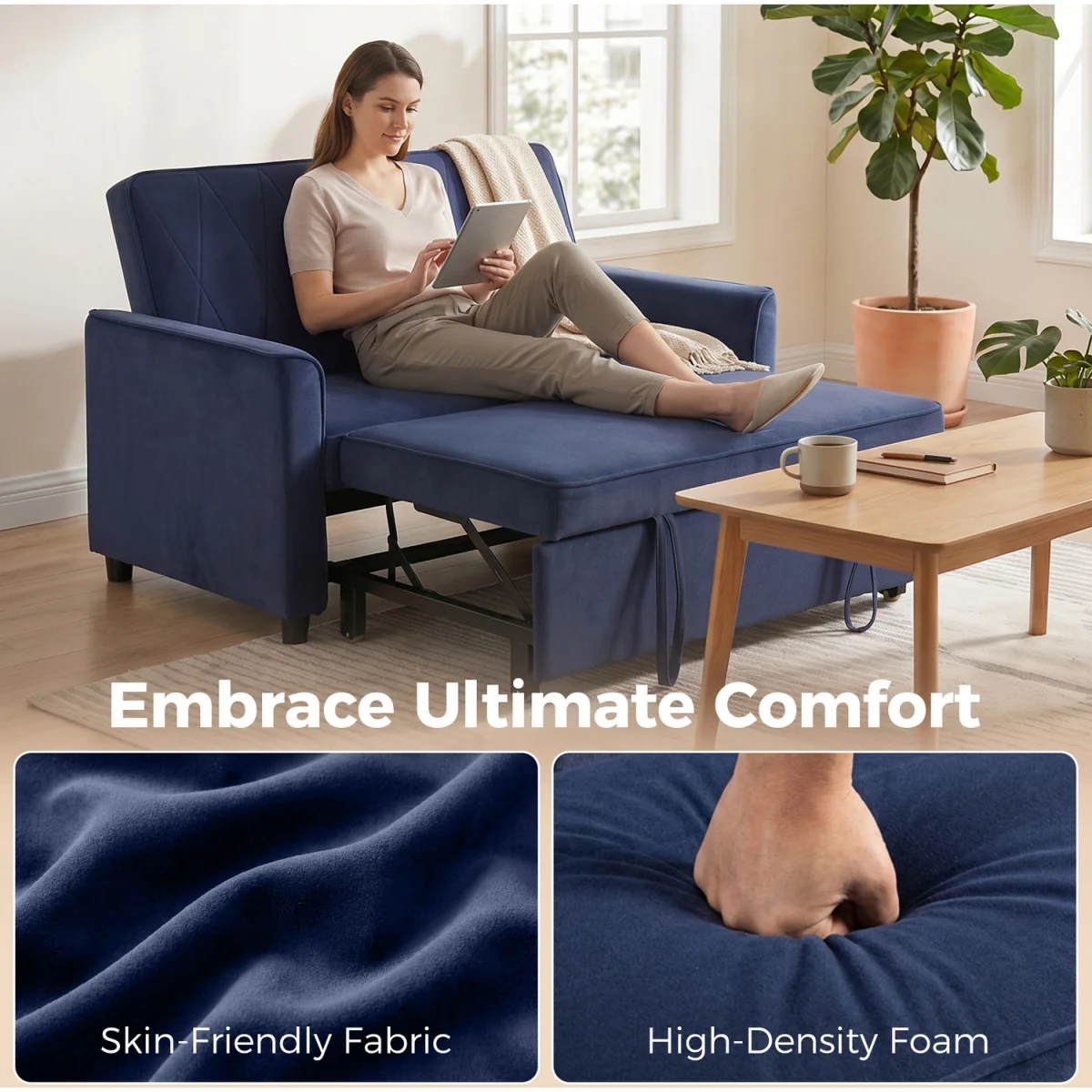 HOMCOM 2 Seater Sofa Bed 3-in-1 Velvet Pull Out Sleeper Sofa - Dark Blue – image 5
