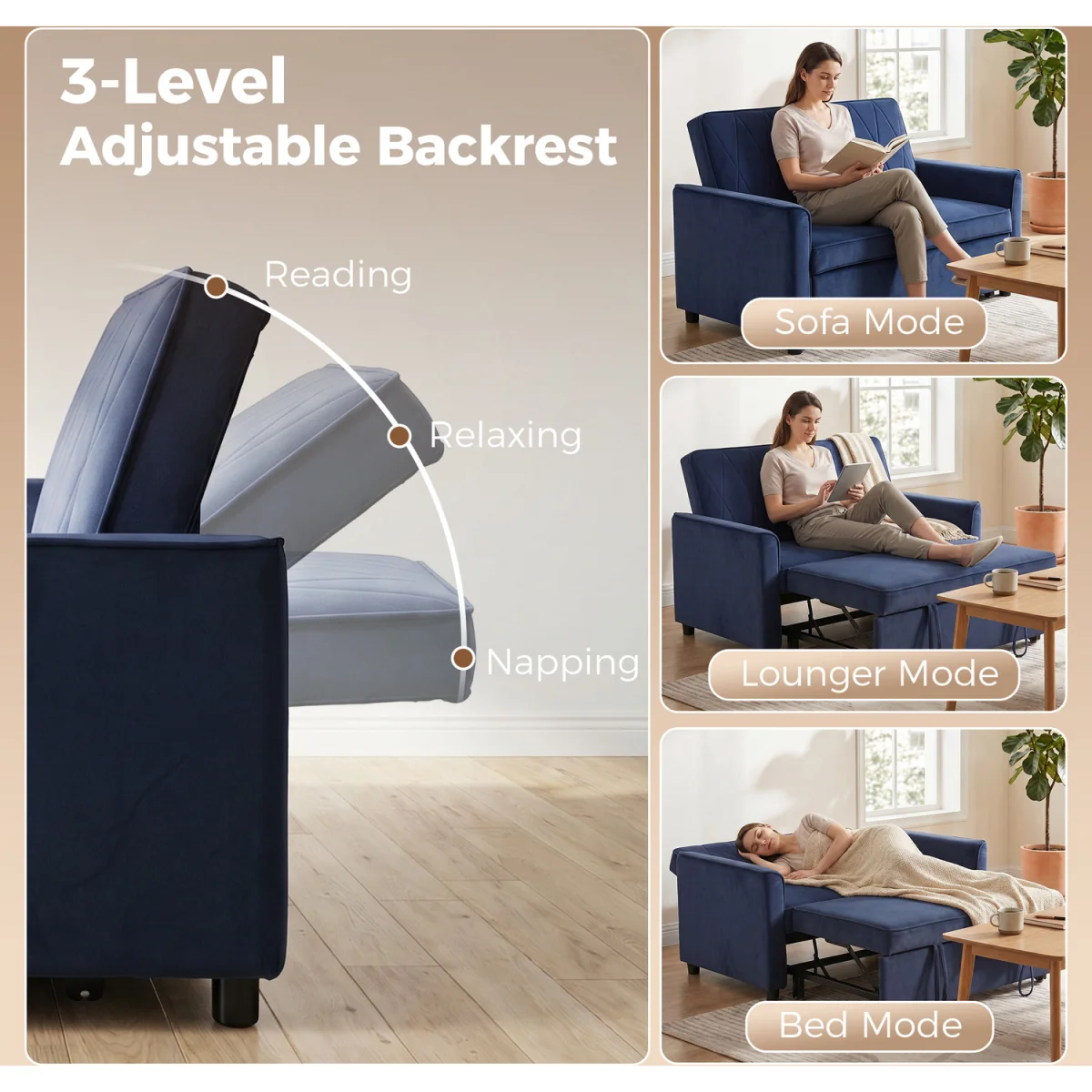 HOMCOM 2 Seater Sofa Bed 3-in-1 Velvet Pull Out Sleeper Sofa - Dark Blue – image 6