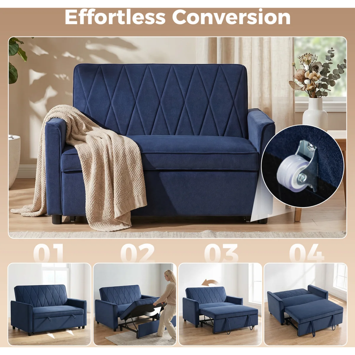HOMCOM 2 Seater Sofa Bed 3-in-1 Velvet Pull Out Sleeper Sofa - Dark Blue – image 7