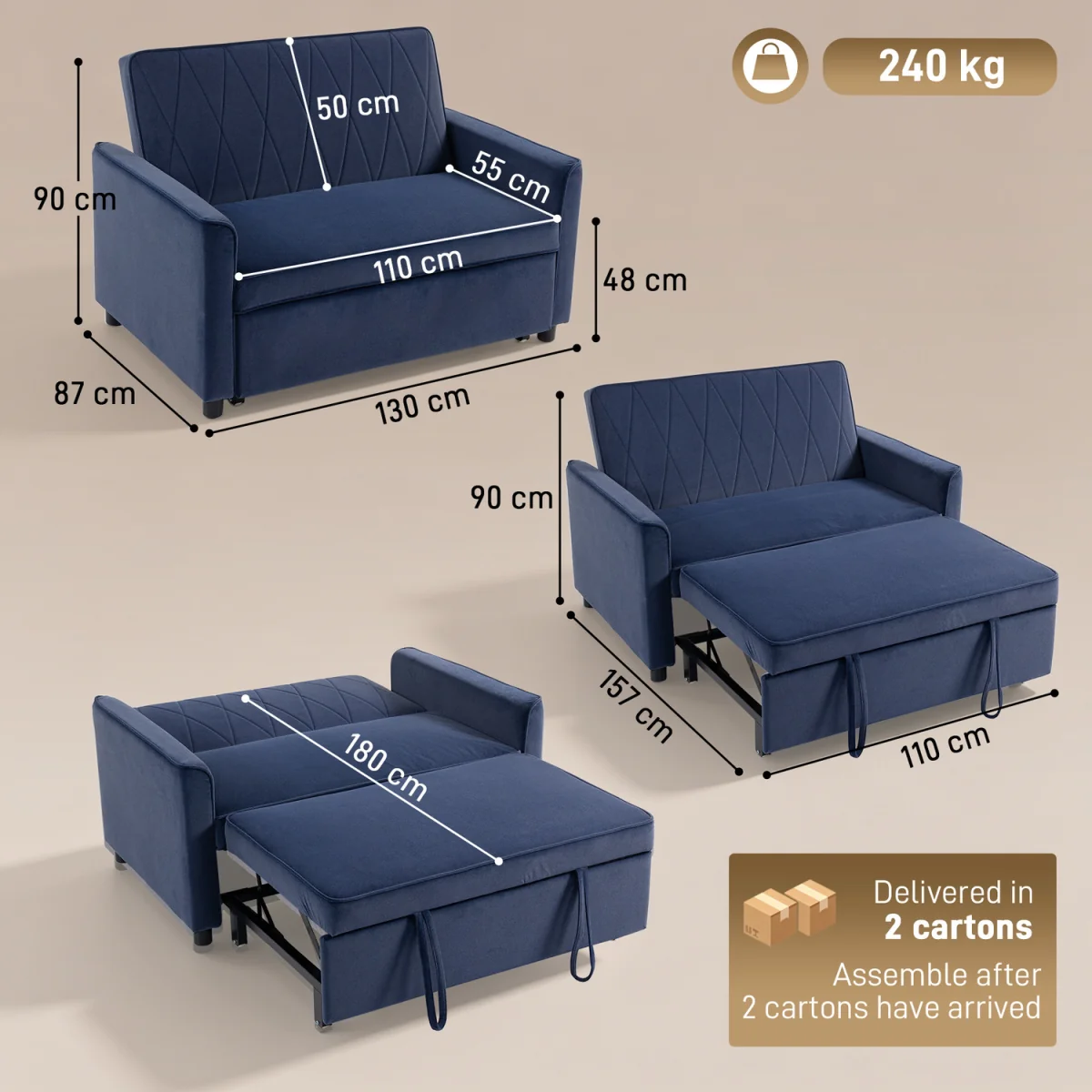 HOMCOM 2 Seater Sofa Bed 3-in-1 Velvet Pull Out Sleeper Sofa - Dark Blue – image 8