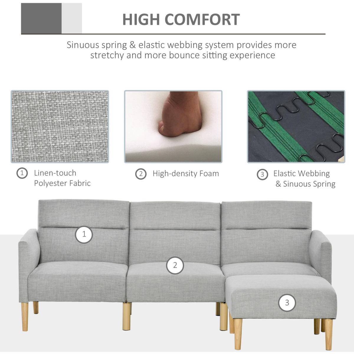 Upholstered Sofa Bed with Footstool - Light grey – image 3