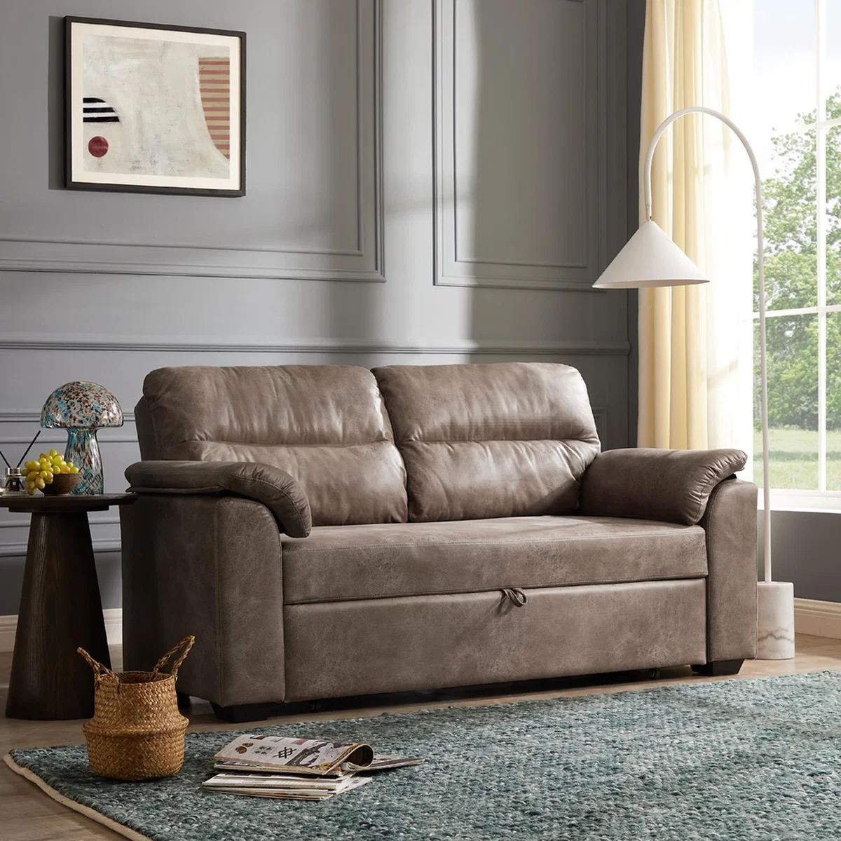 Harley 2 Seater Faux Leather Pull Out Sofa Bed - Brown Faux Leather – image 8