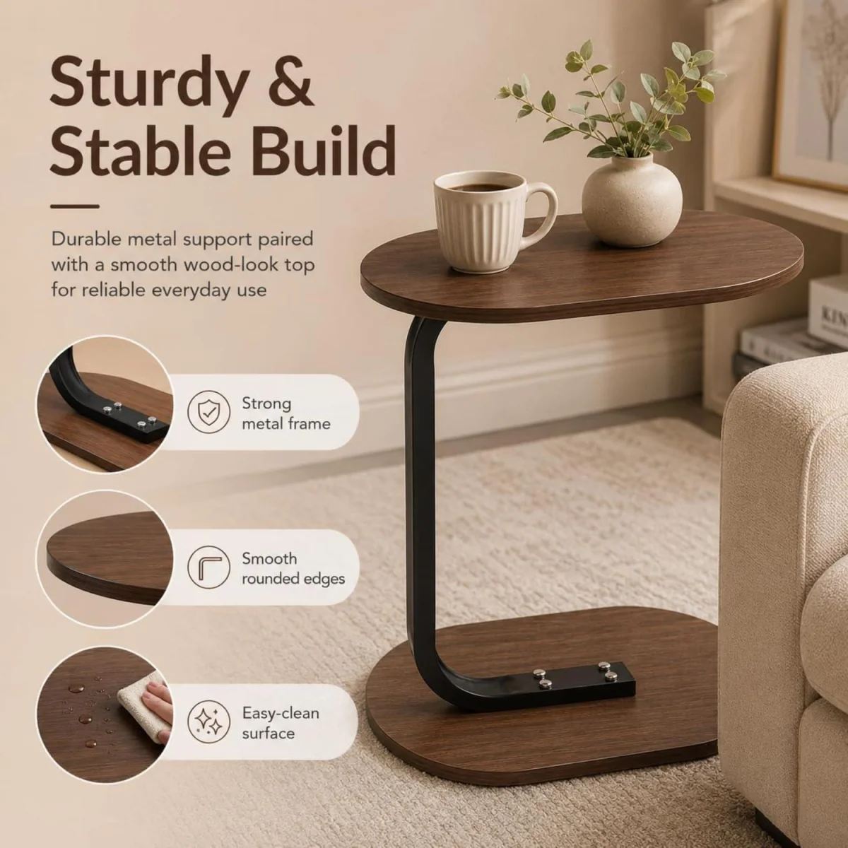 Side Table for Sofa Bed Small Snack Coffee Table - Brown – image 4