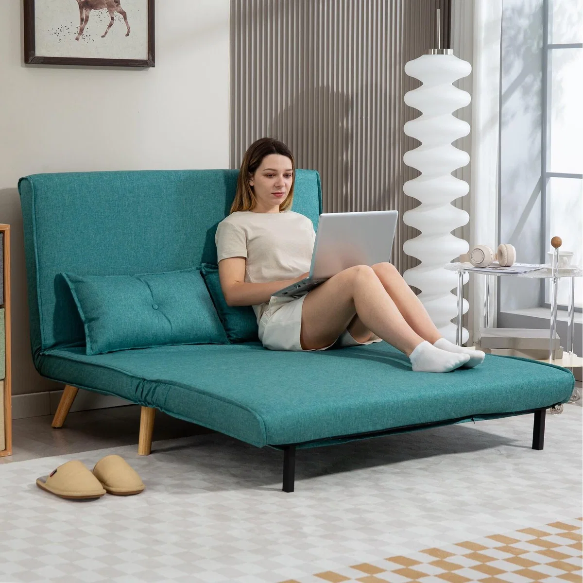 HOMCOM 2 Seater Sofa Bed Click Clack Sofa Bed with Pillow - Green