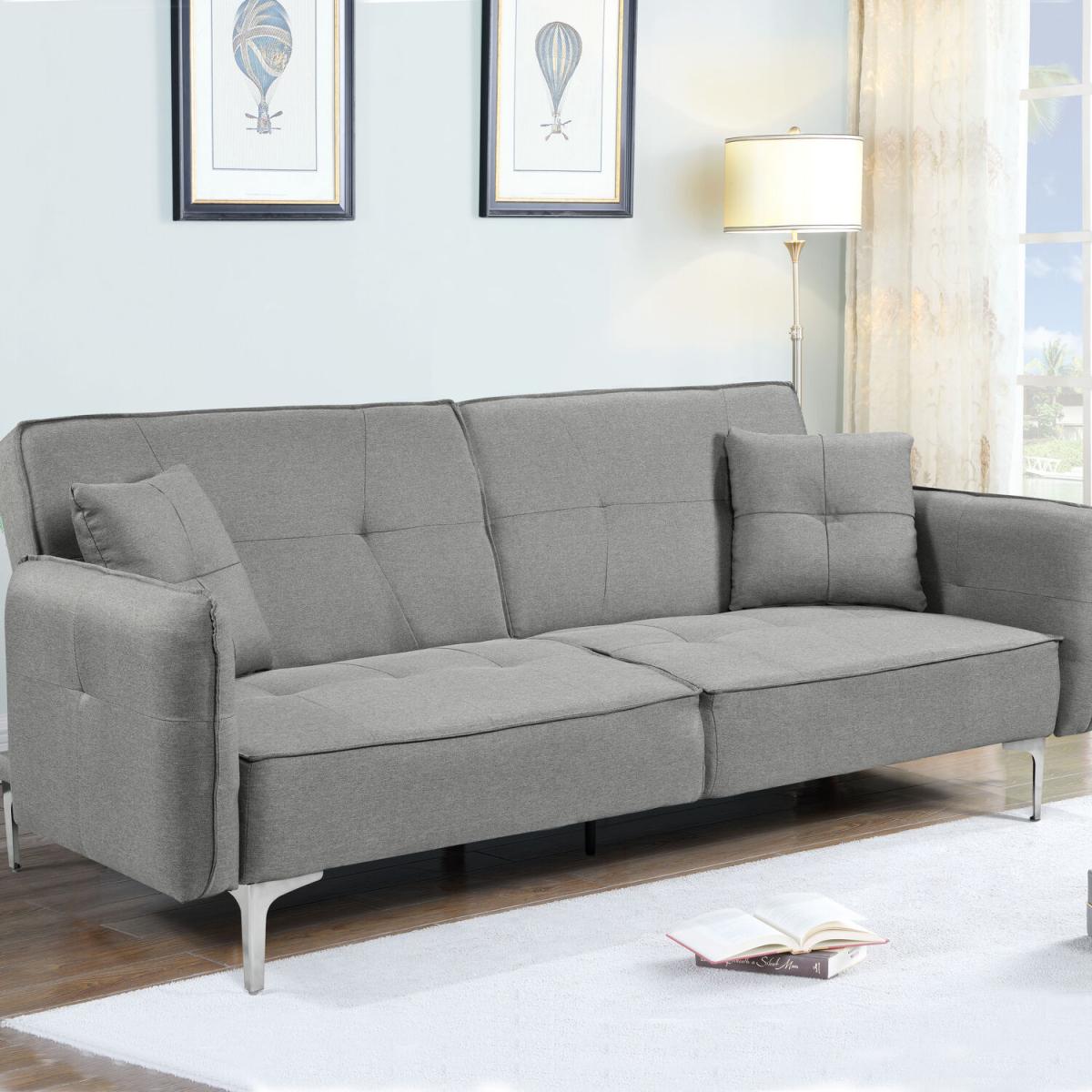 Grey Linen Sofa Bed with 2 Cushions - Grey
