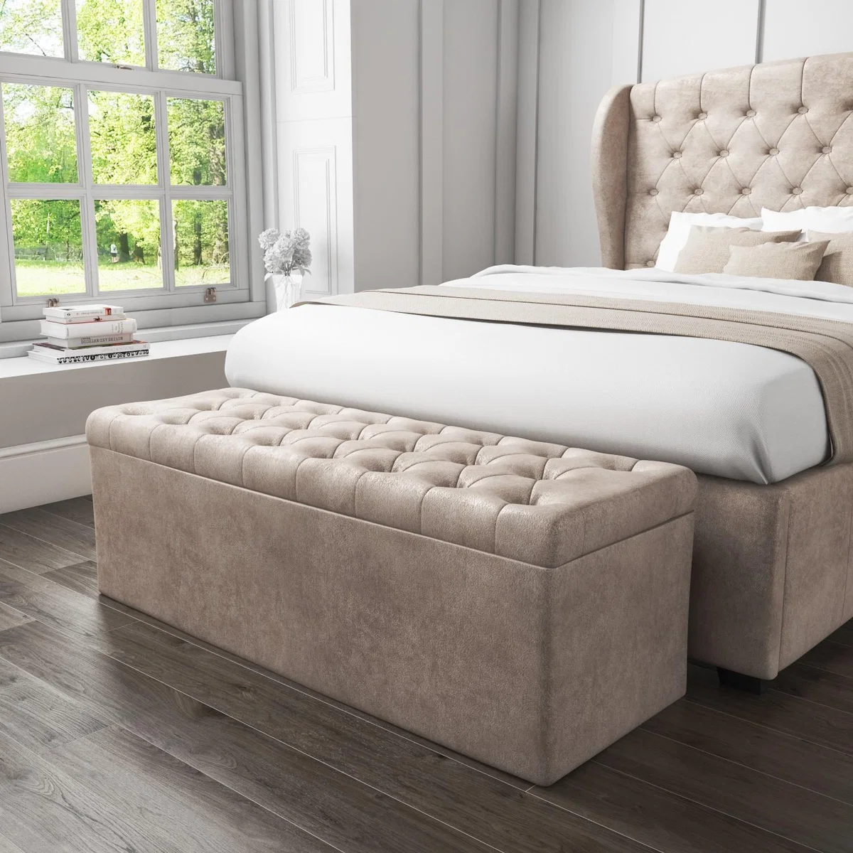 Safina Beige Velvet Ottoman Blanket Box for End-of-Bed Storage – image 1
