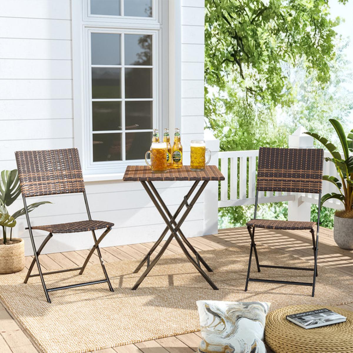 Folding Rattan Garden Chair Set - Brown