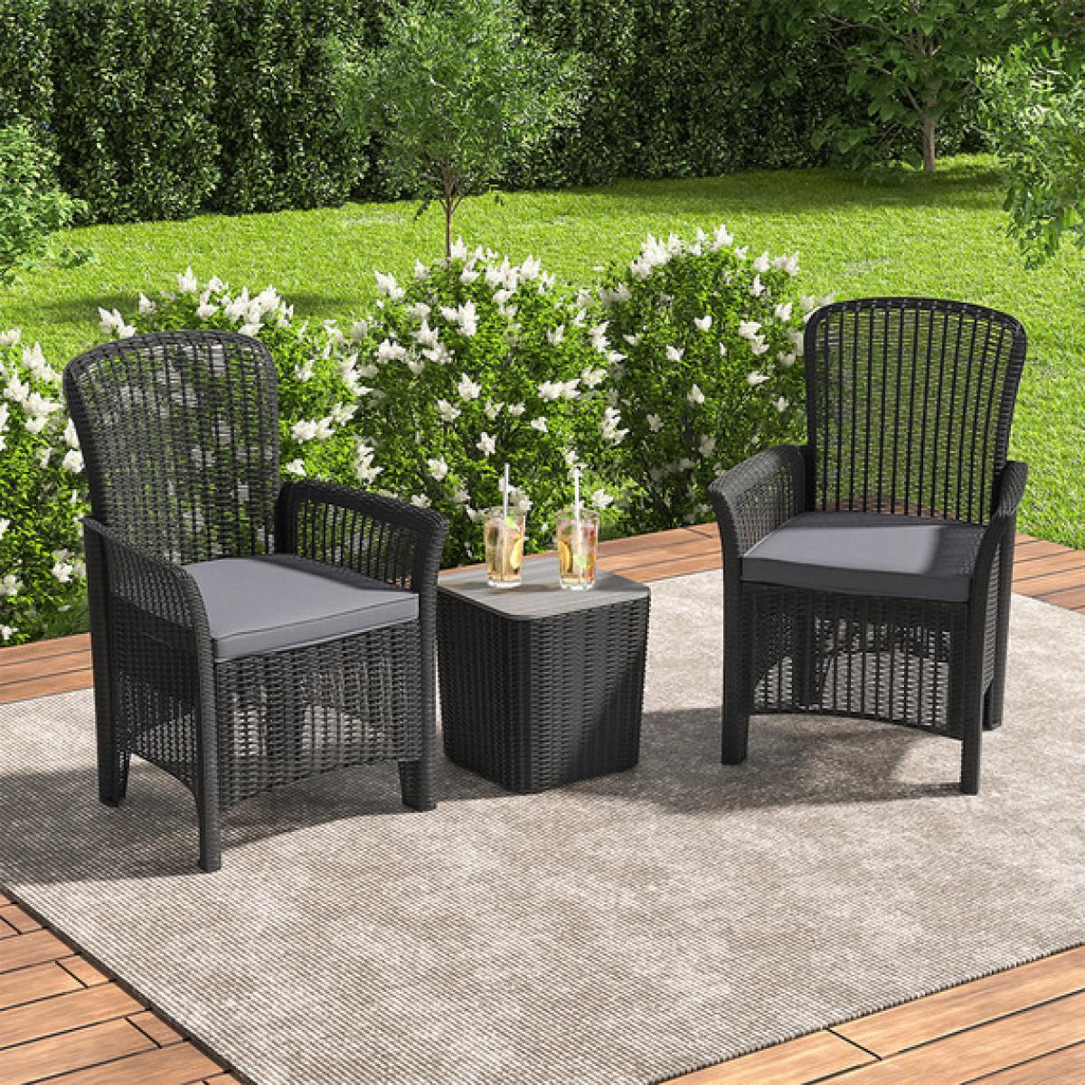 Rattan Garden Table and Chairs Bistro Set - Black