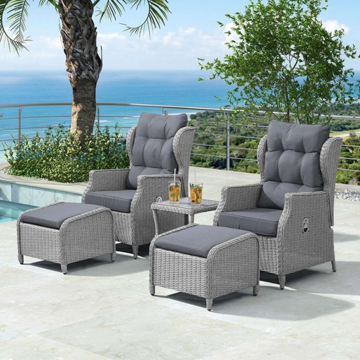 Skylar Reclining Rattan Lounge Set - White Wash - Grey