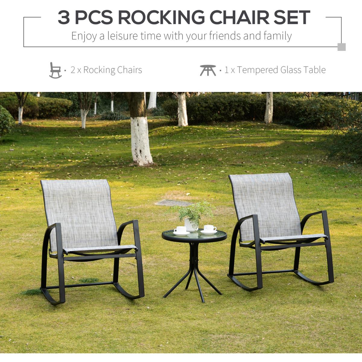 3 Pieces Outdoor Patio Bistro Set with 2 Rocking Chairs - Grey – image 3