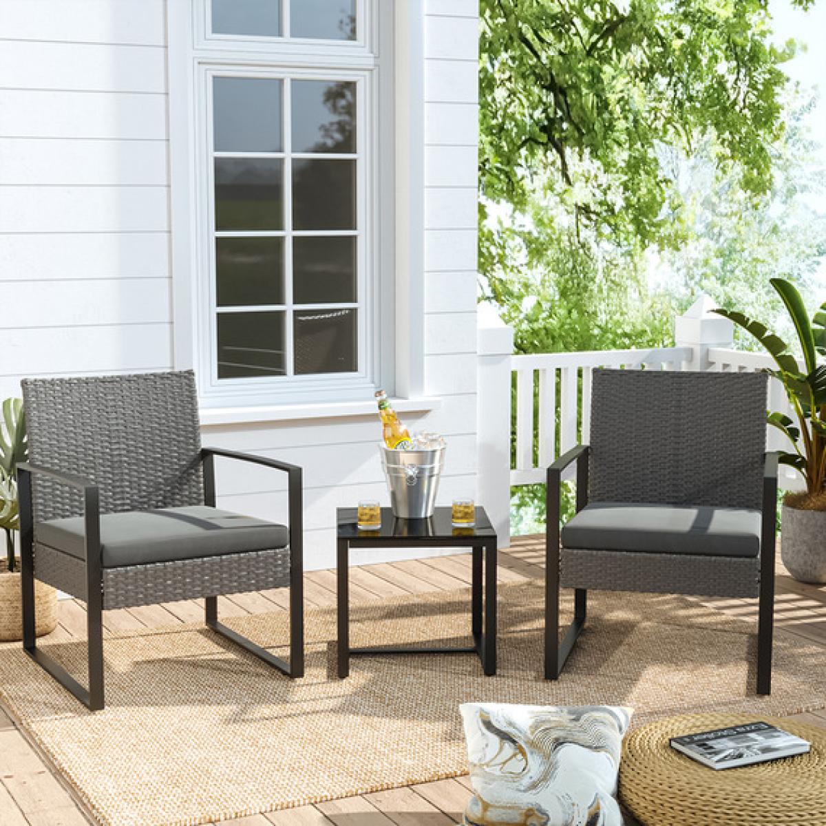 Rattan Bistro Set with Cushions - Grey