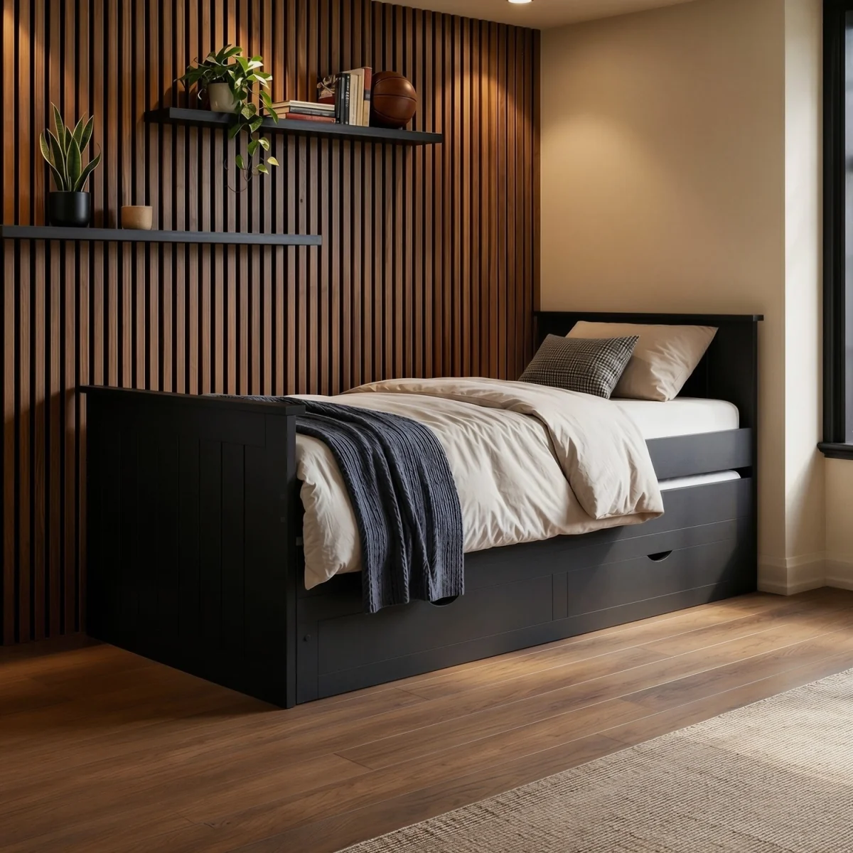 Single Black Wooden Guest Bed with Storage and Trundle - Sander – image 2