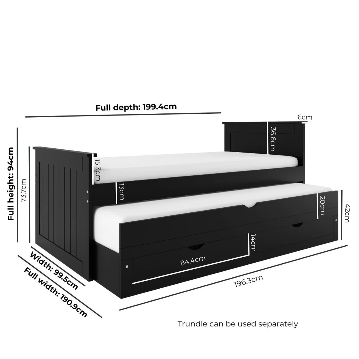 Single Black Wooden Guest Bed with Storage and Trundle - Sander – image 3