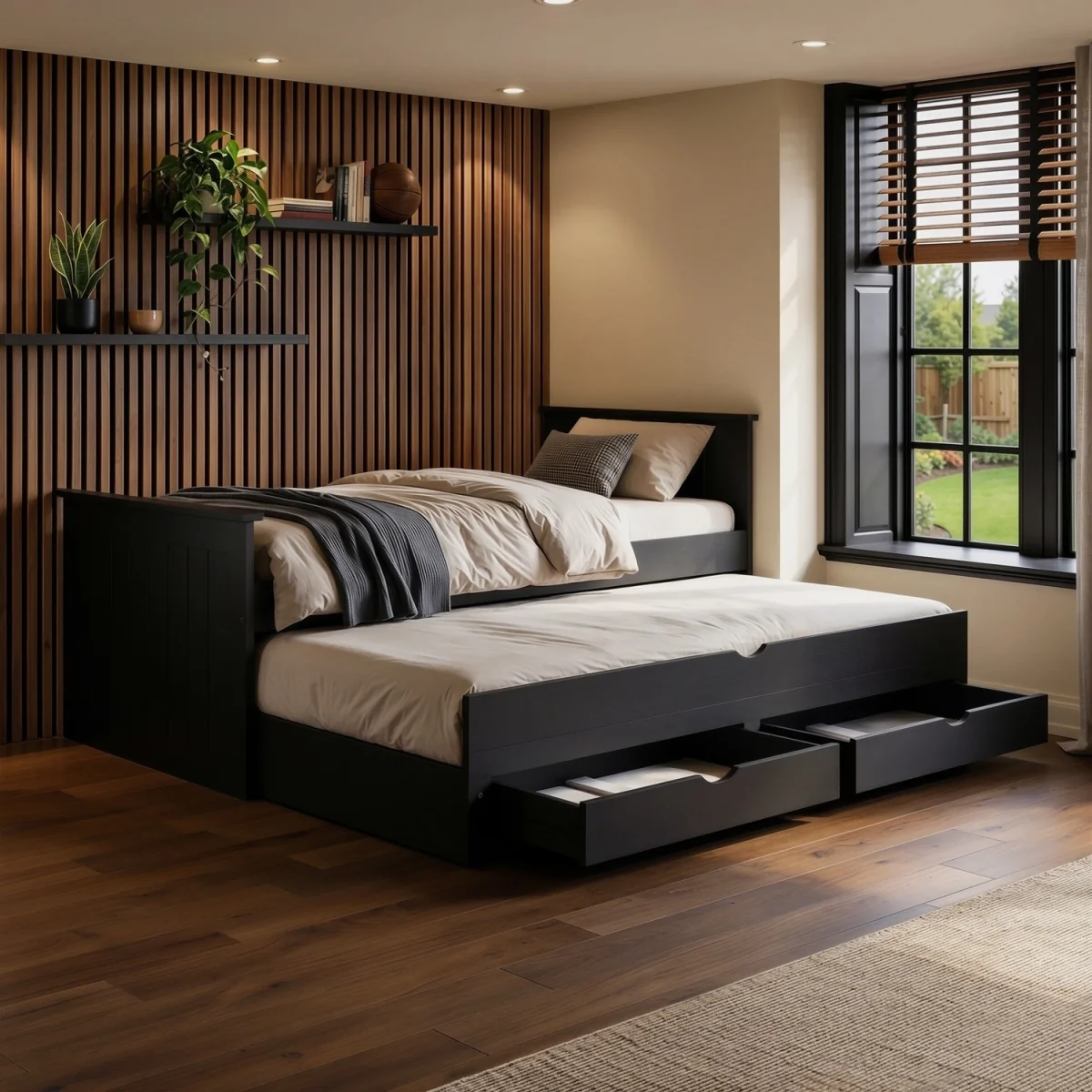 Single Black Wooden Guest Bed with Storage and Trundle - Sander – image 4