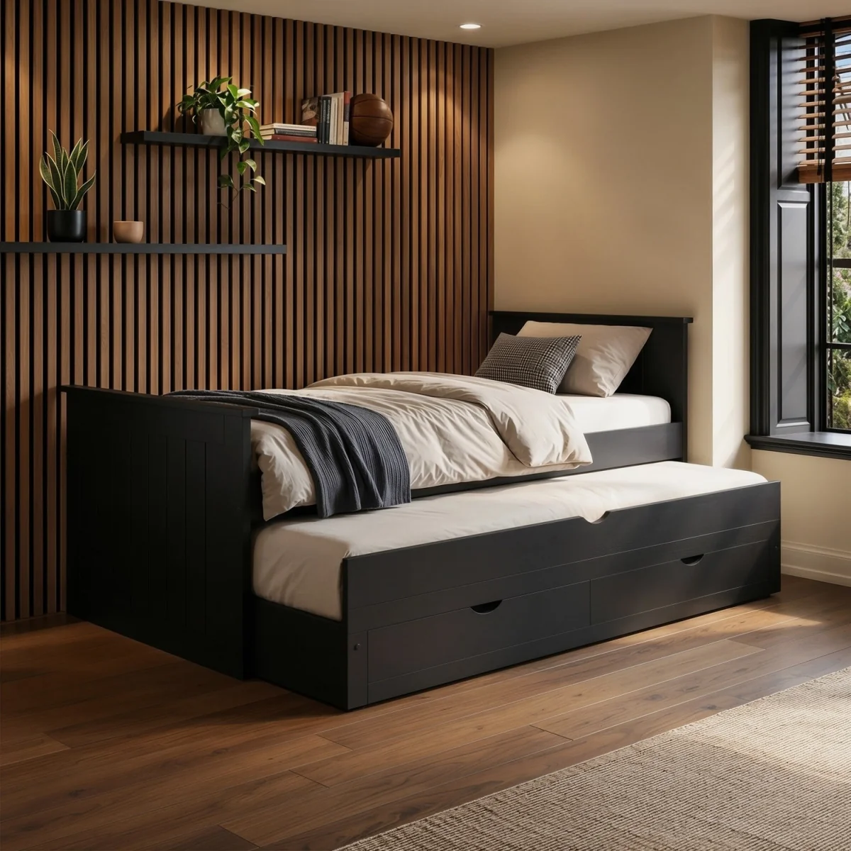 Single Black Wooden Guest Bed with Storage and Trundle - Sander – image 1