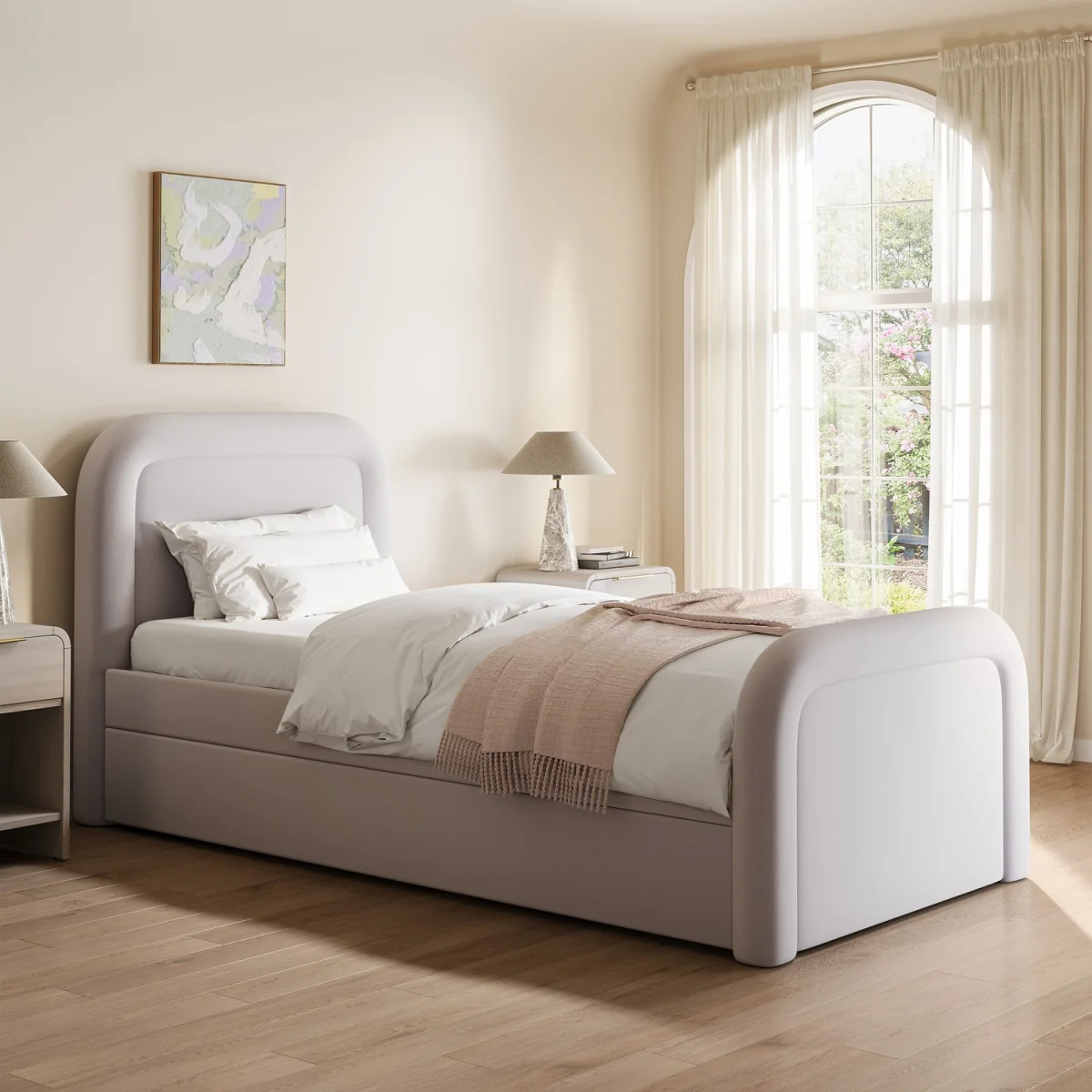 Lilac Upholstered Single Guest Bed with Trundle and Curved Headboard - Naomi – image 2