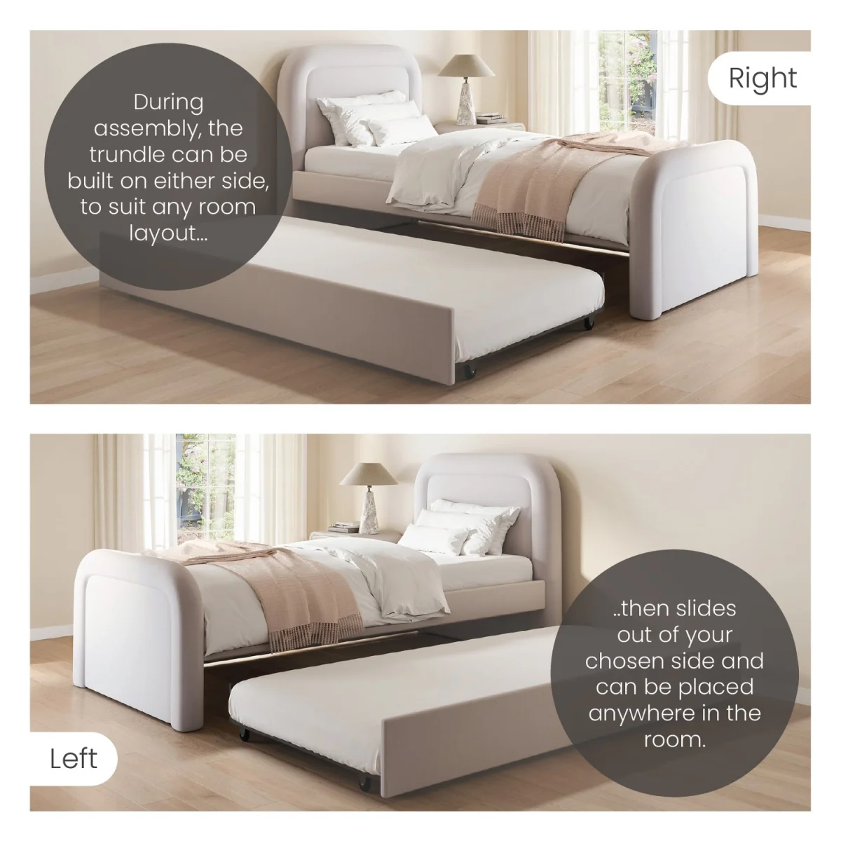 Lilac Upholstered Single Guest Bed with Trundle and Curved Headboard - Naomi – image 4