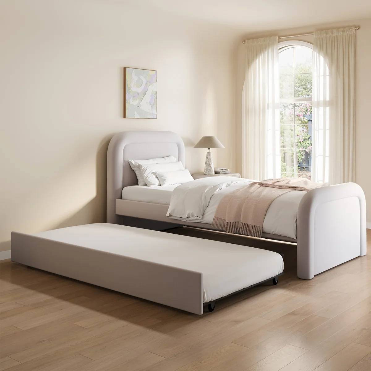 Lilac Upholstered Single Guest Bed with Trundle and Curved Headboard - Naomi – image 6