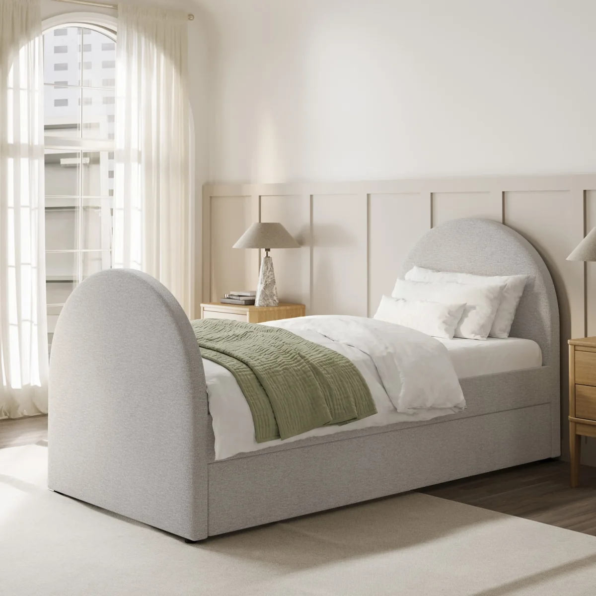 Grey Upholstered Single Guest Bed with Curved Headboard and Footboard - Kayla – image 2