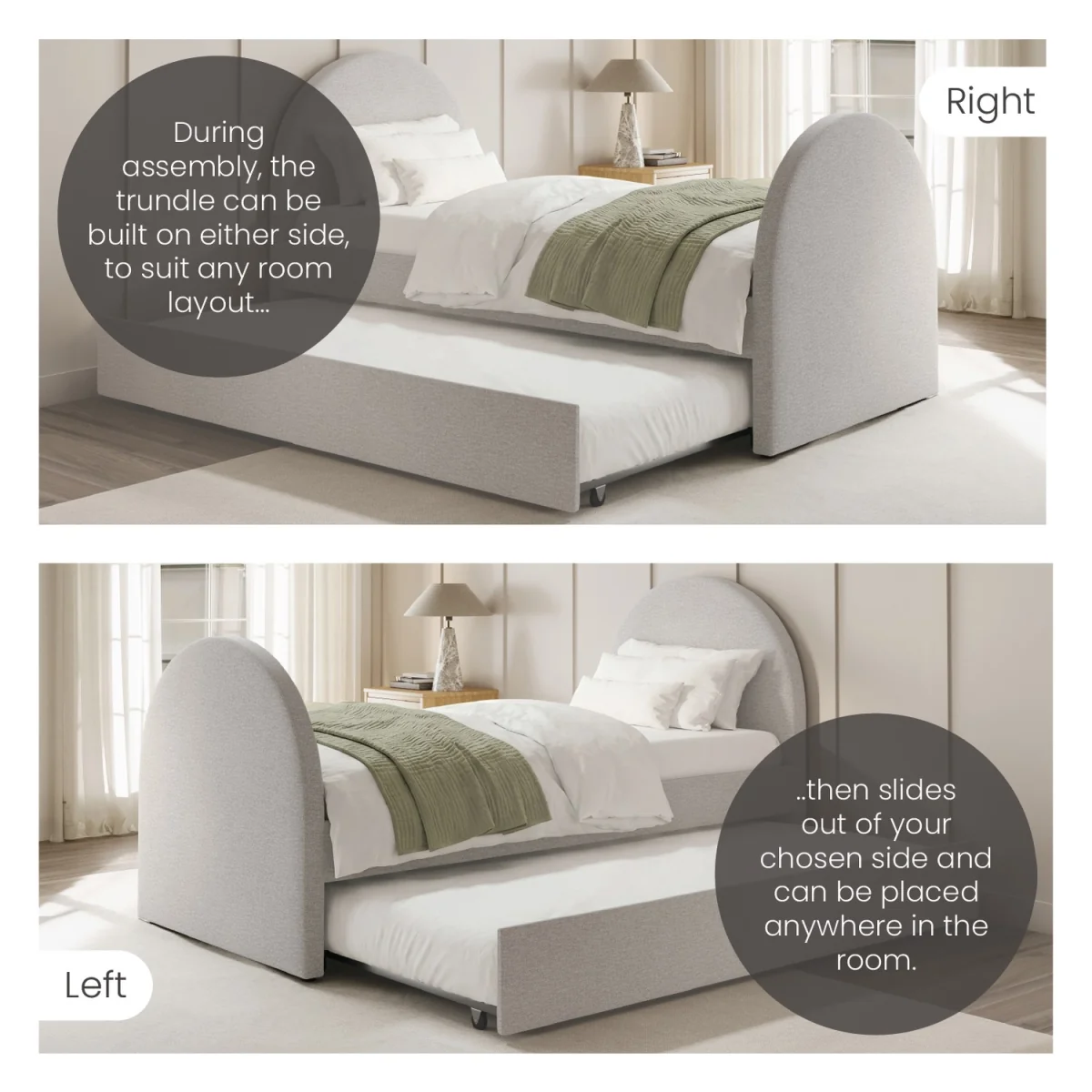Grey Upholstered Single Guest Bed with Curved Headboard and Footboard - Kayla – image 4