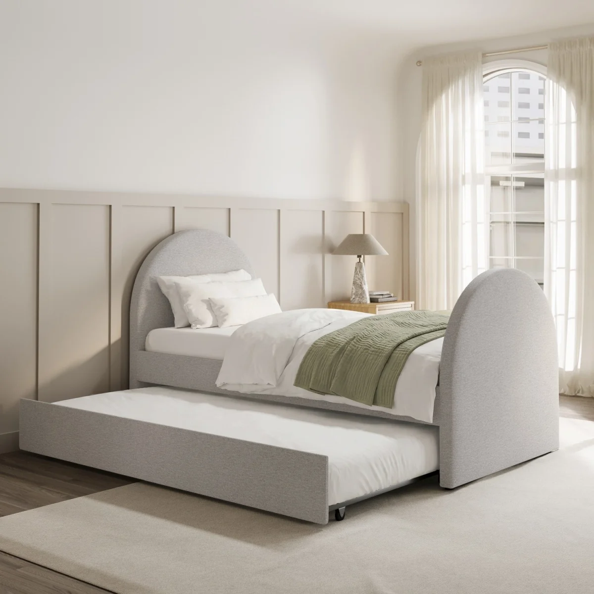 Grey Upholstered Single Guest Bed with Curved Headboard and Footboard - Kayla – image 1