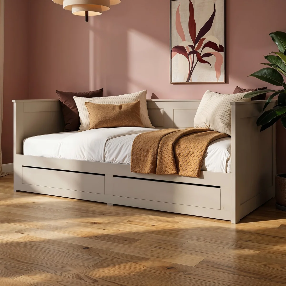 Double Wooden Day Bed with Trundle and Storage in Taupe - Lincoln – image 2