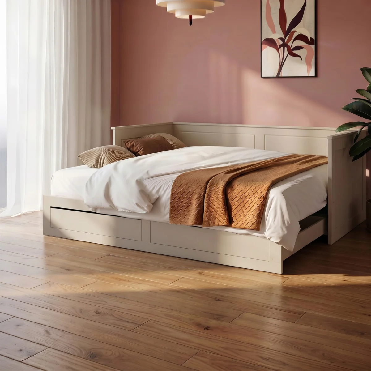 Double Wooden Day Bed with Trundle and Storage in Taupe - Lincoln – image 3