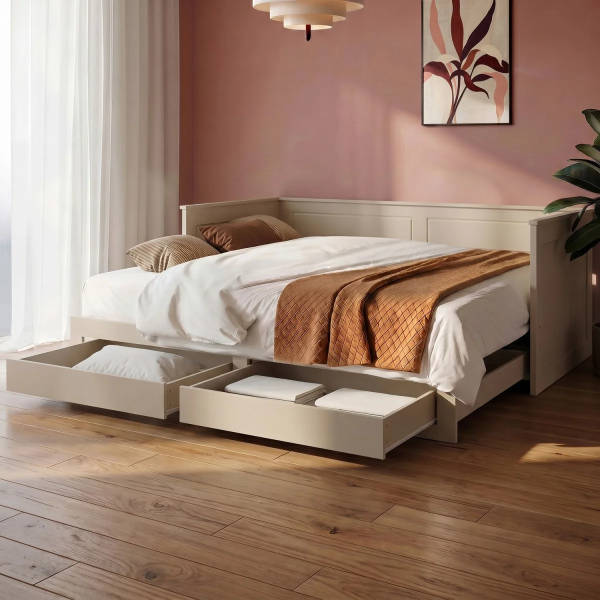 Double Wooden Day Bed with Trundle and Storage in Taupe - Lincoln – image 1
